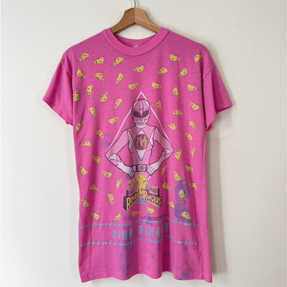 Vintage‎ 90's Power Rangers Lightning Bolt AOP MMPR Pink Tee Shirt - Small